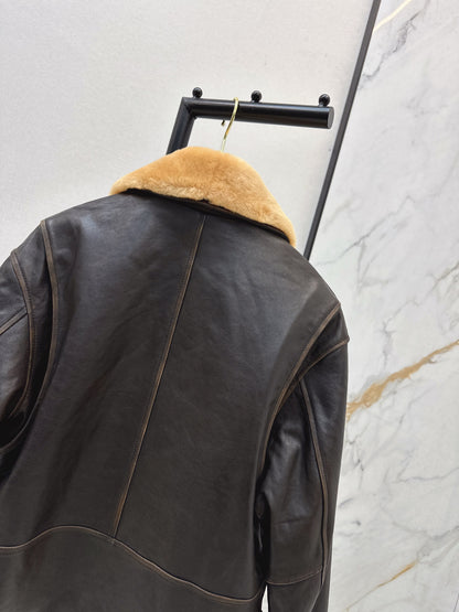 Mi 25 New fur collar motorcycle jacket sheepskin jacket(KHAKI/BLACK)