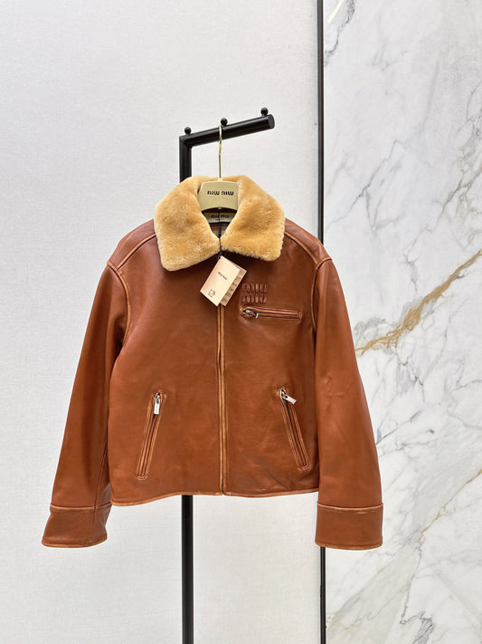 Mi 25 New fur collar motorcycle jacket sheepskin jacket(KHAKI/BLACK)