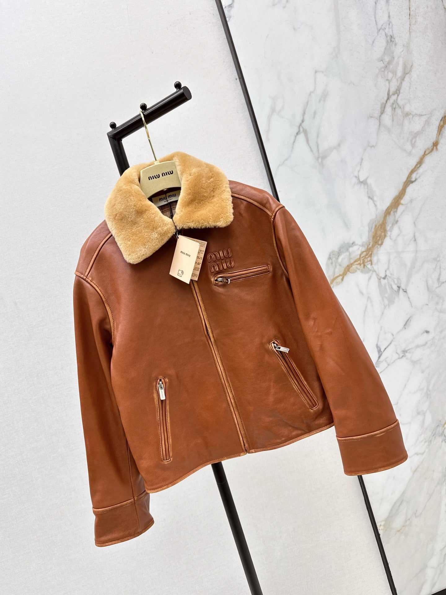 Mi 25 New fur collar motorcycle jacket sheepskin jacket(KHAKI/BLACK)