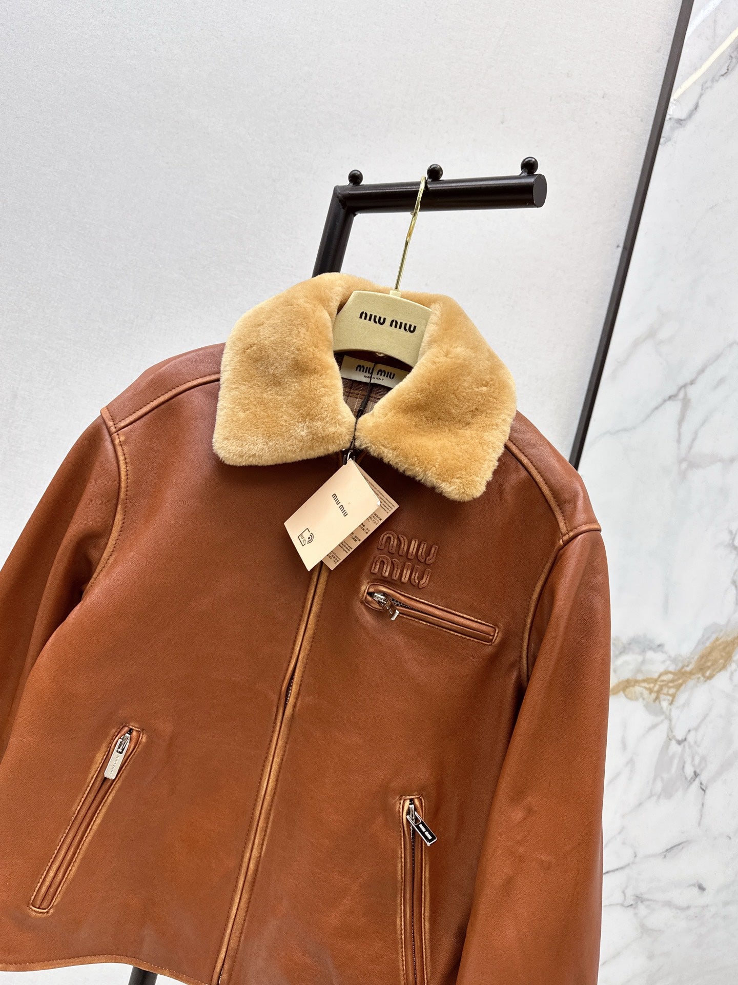 Mi 25 New fur collar motorcycle jacket sheepskin jacket(KHAKI/BLACK)