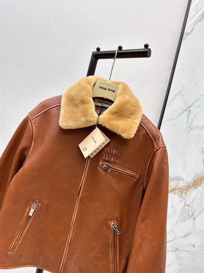 Mi 25 New fur collar motorcycle jacket sheepskin jacket(KHAKI/BLACK)