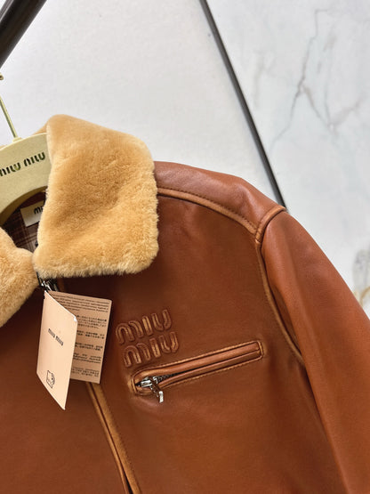 Mi 25 New fur collar motorcycle jacket sheepskin jacket(KHAKI/BLACK)