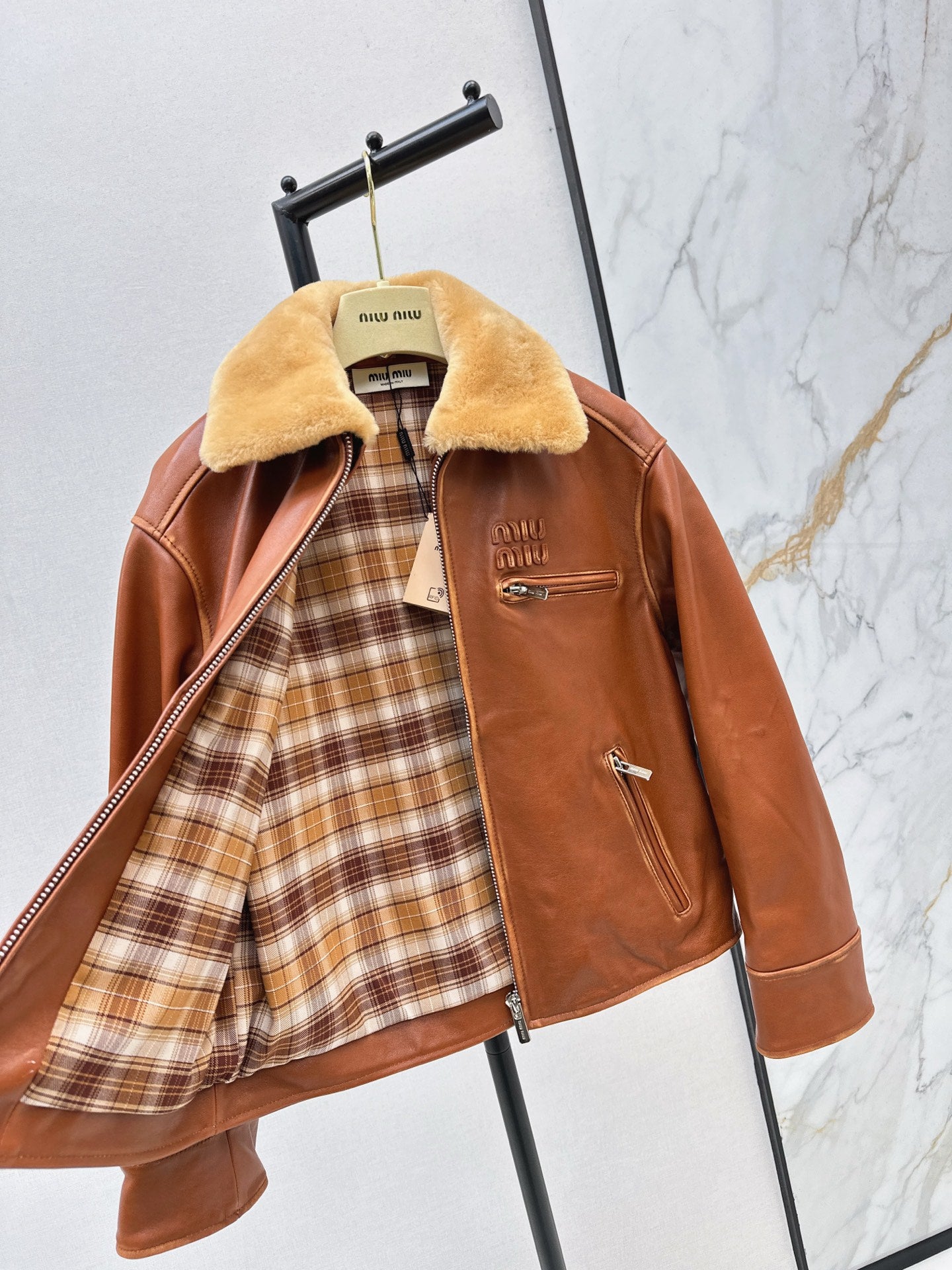 Mi 25 New fur collar motorcycle jacket sheepskin jacket(KHAKI/BLACK)