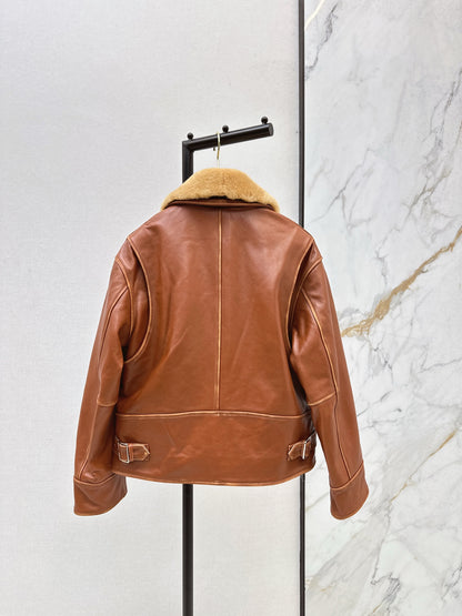 Mi 25 New fur collar motorcycle jacket sheepskin jacket(KHAKI/BLACK)