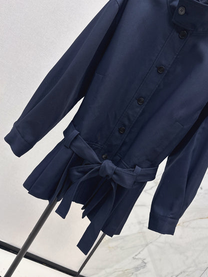 Ce 25 New wide shoulder silhouette stand up collar pleated windbreaker jacket(KHAKI/NAVY)