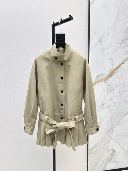 Ce 25 New wide shoulder silhouette stand up collar pleated windbreaker jacket(KHAKI/NAVY)