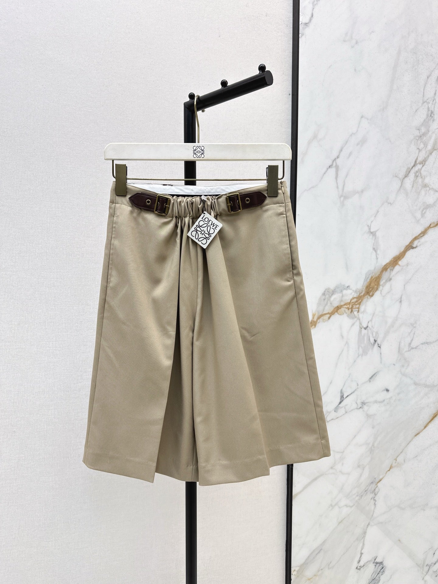 Lo 25 Leather buckle elastic high waisted pants(KHAKI/BLACK)