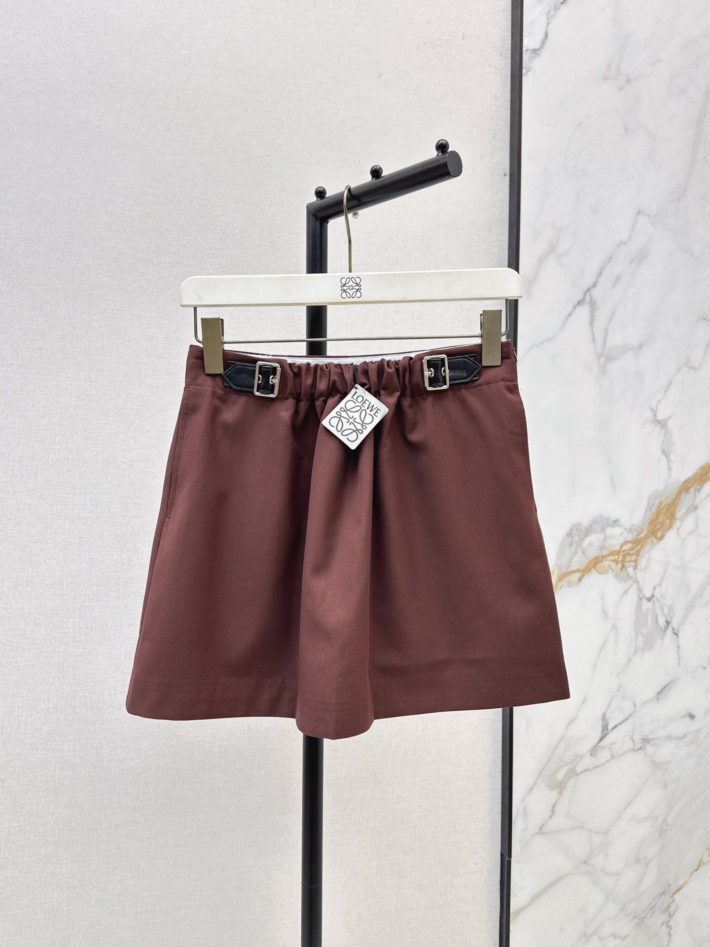 Lo 25 New leather buckle elastic pleated high waist skirt(wine red/BLACK)