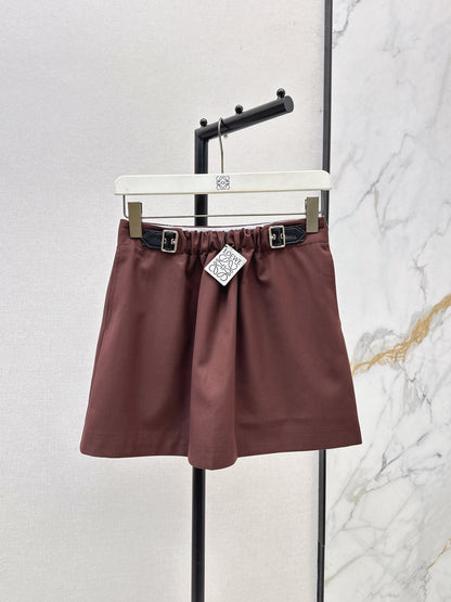 Lo 25 New leather buckle elastic pleated high waist skirt(wine red/BLACK)