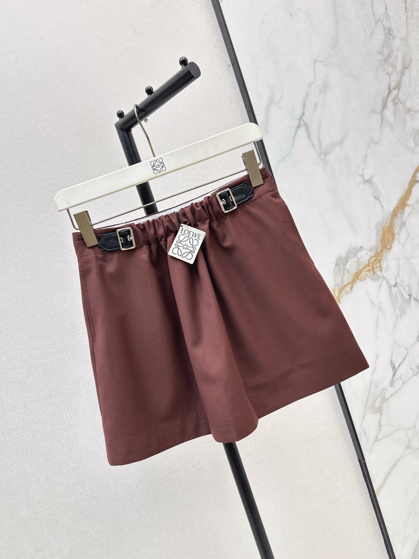 Lo 25 New leather buckle elastic pleated high waist skirt(wine red/BLACK)