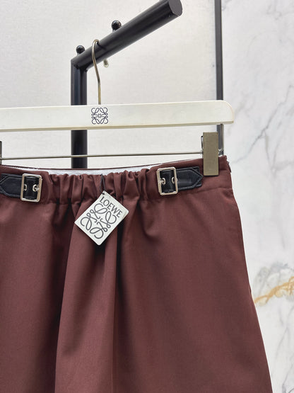 Lo 25 New leather buckle elastic pleated high waist skirt(wine red/BLACK)