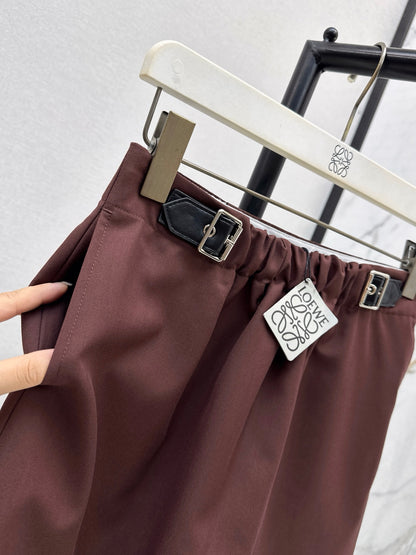 Lo 25 New leather buckle elastic pleated high waist skirt(wine red/BLACK)