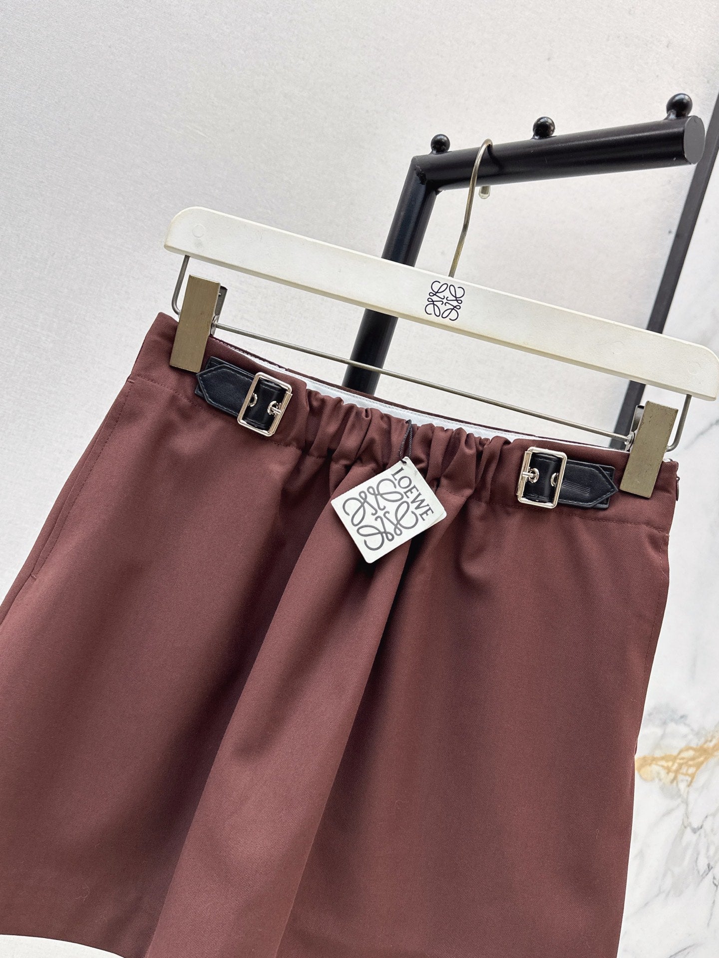 Lo 25 New leather buckle elastic pleated high waist skirt(wine red/BLACK)