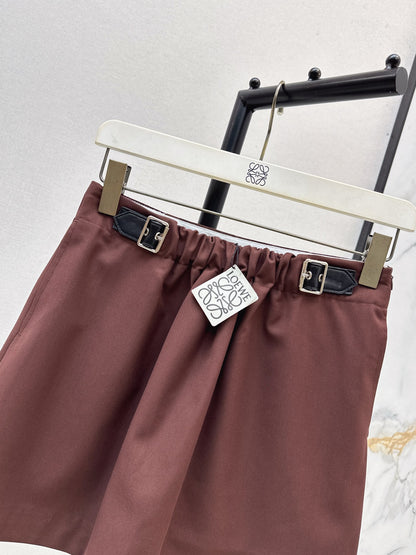 Lo 25 New leather buckle elastic pleated high waist skirt(wine red/BLACK)