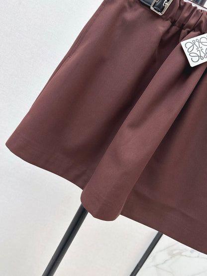 Lo 25 New leather buckle elastic pleated high waist skirt(wine red/BLACK)