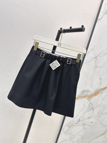 Lo 25 New leather buckle elastic pleated high waist skirt(wine red/BLACK)