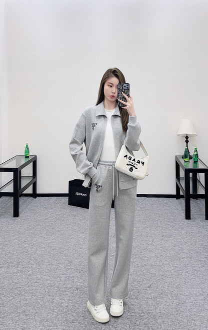 Pr 25 Zipper lapel jacket and trousers set(gray/navy)