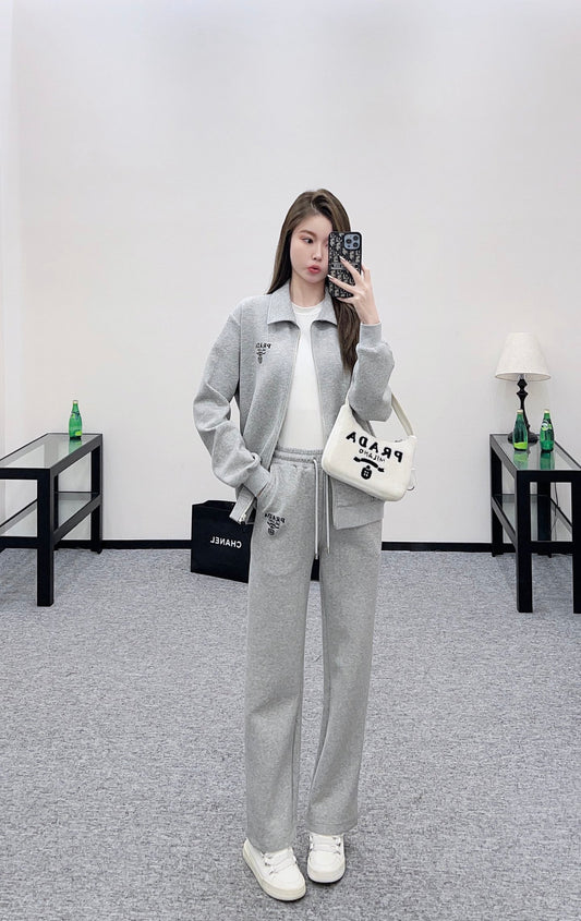 Pr 25 Zipper lapel jacket and trousers set(gray/navy)