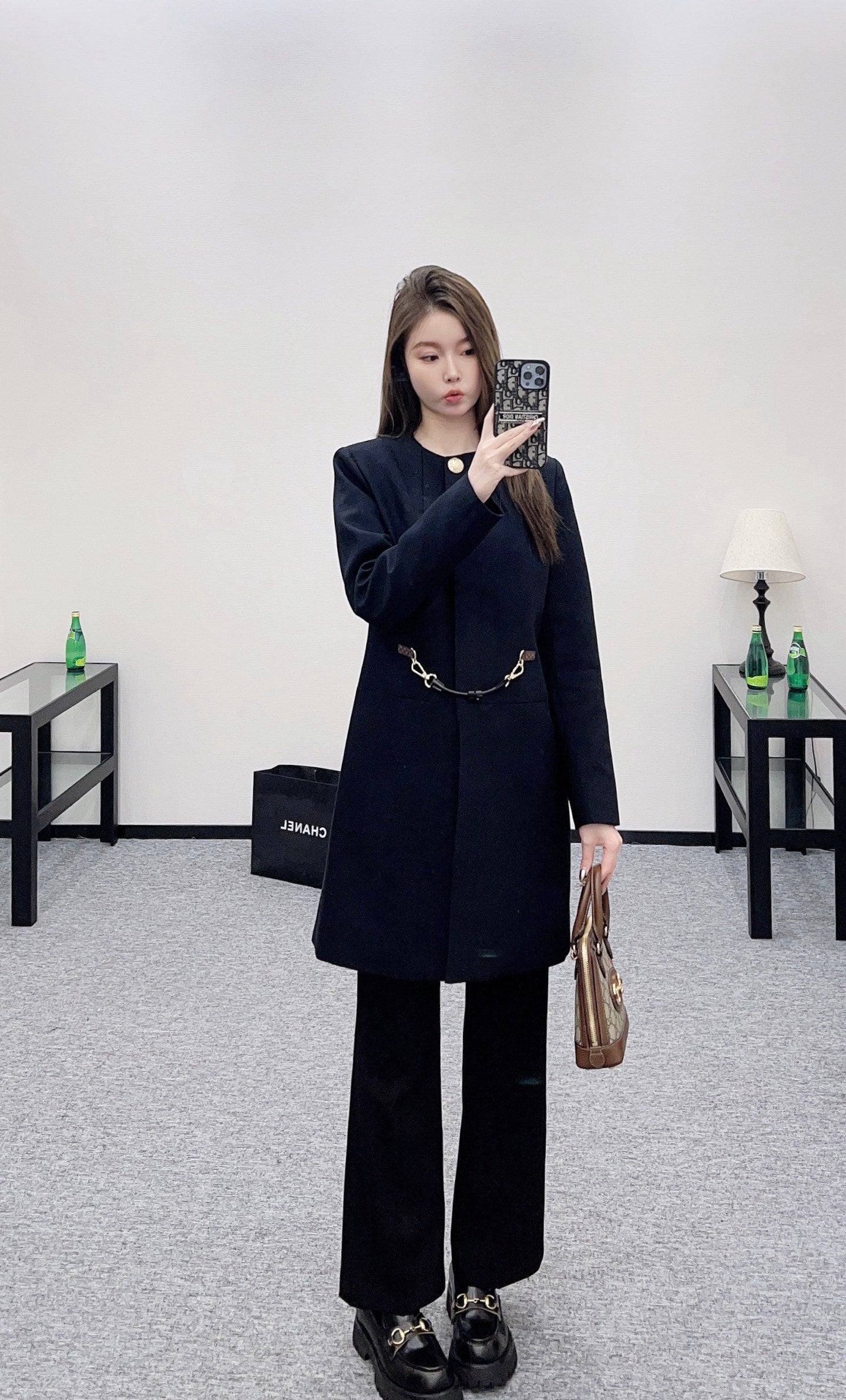L 25 Round-neck leather chain-button midi coat