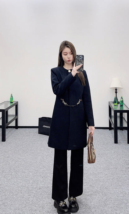 L 25 Round-neck leather chain-button midi coat