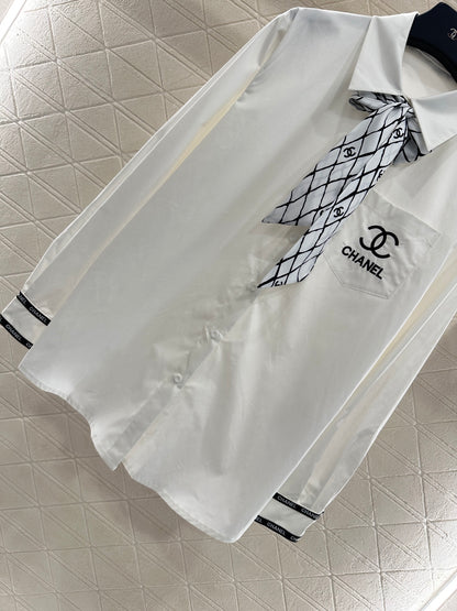 C 25 Printed silk scarf shirt(white/black)