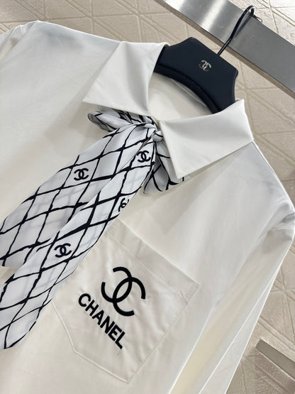 C 25 Printed silk scarf shirt(white/black)