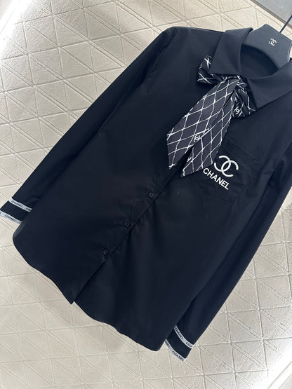 C 25 Printed silk scarf shirt(white/black)