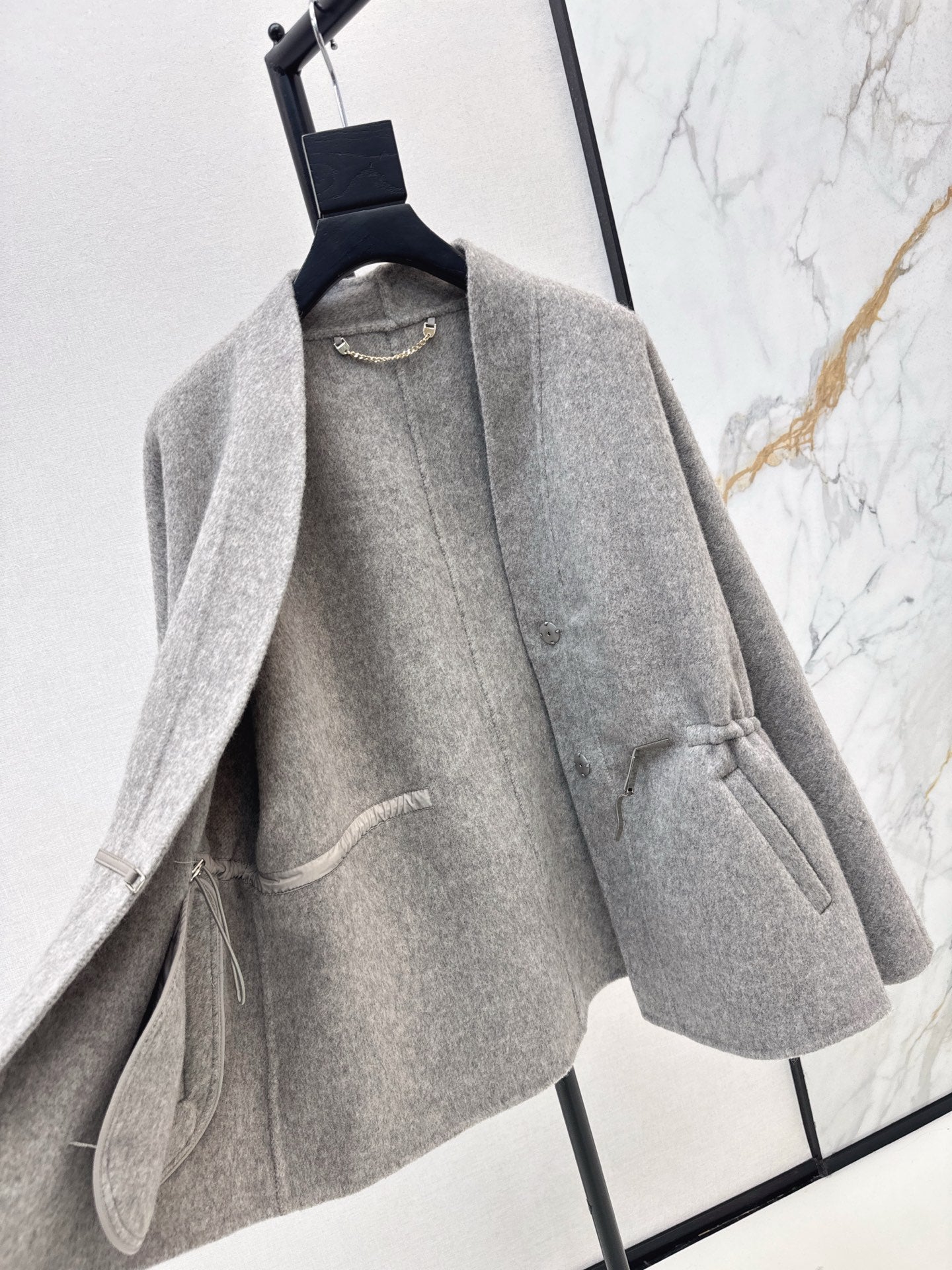 He 25 New wool double-faced nylon mid-length coat（Dark gray/gray）