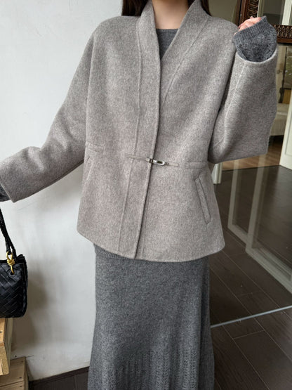 He 25 New wool double-faced nylon mid-length coat（Dark gray/gray）