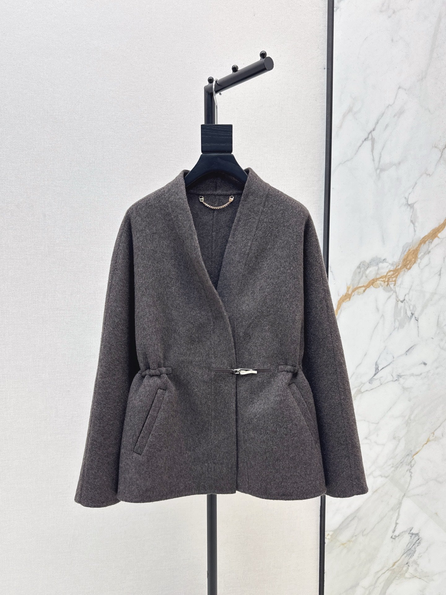 He 25 New wool double-faced nylon mid-length coat（Dark gray/gray）