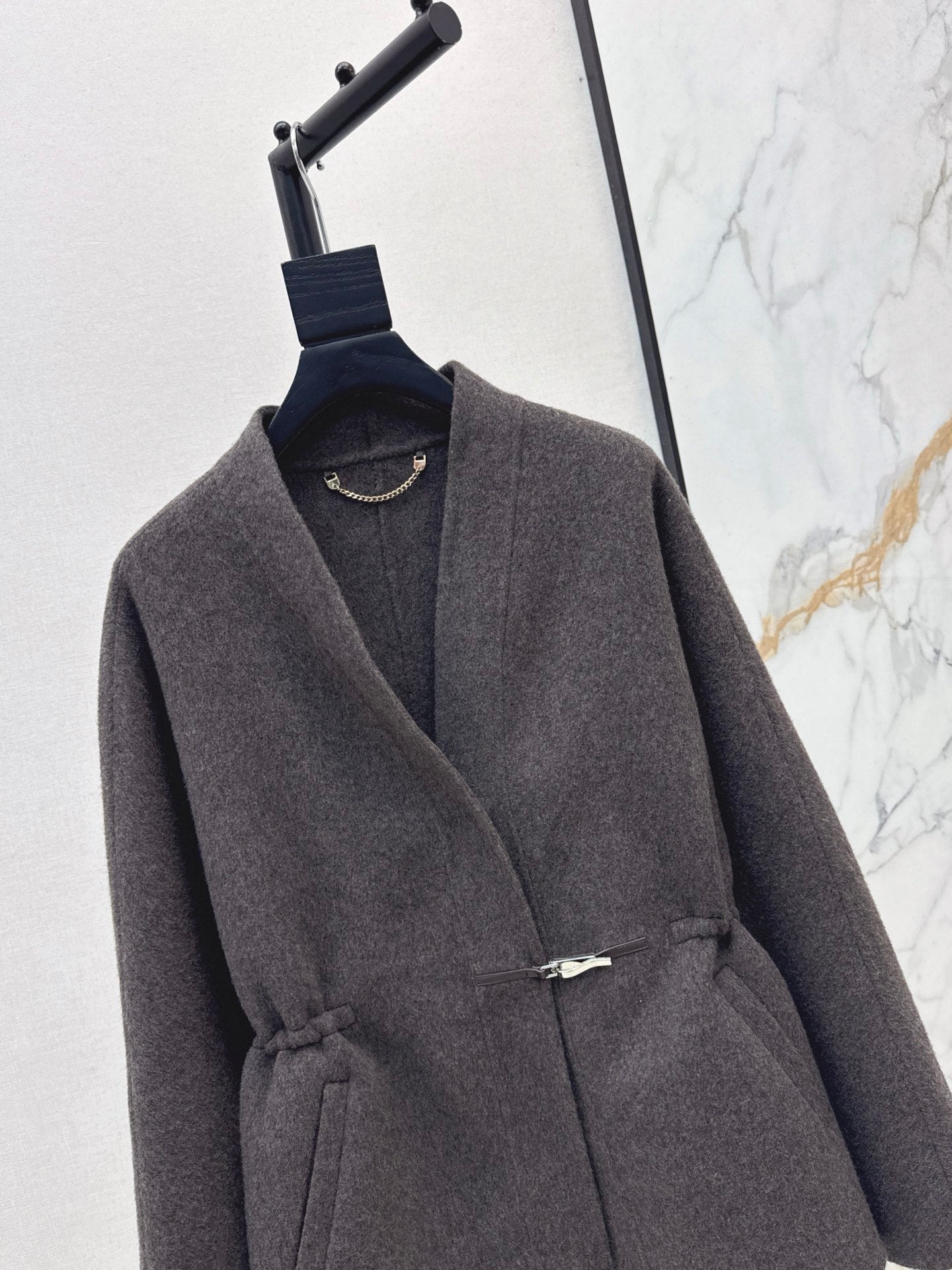 He 25 New wool double-faced nylon mid-length coat（Dark gray/gray）