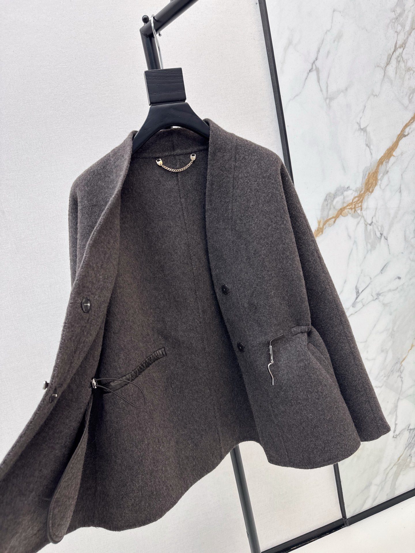 He 25 New wool double-faced nylon mid-length coat（Dark gray/gray）