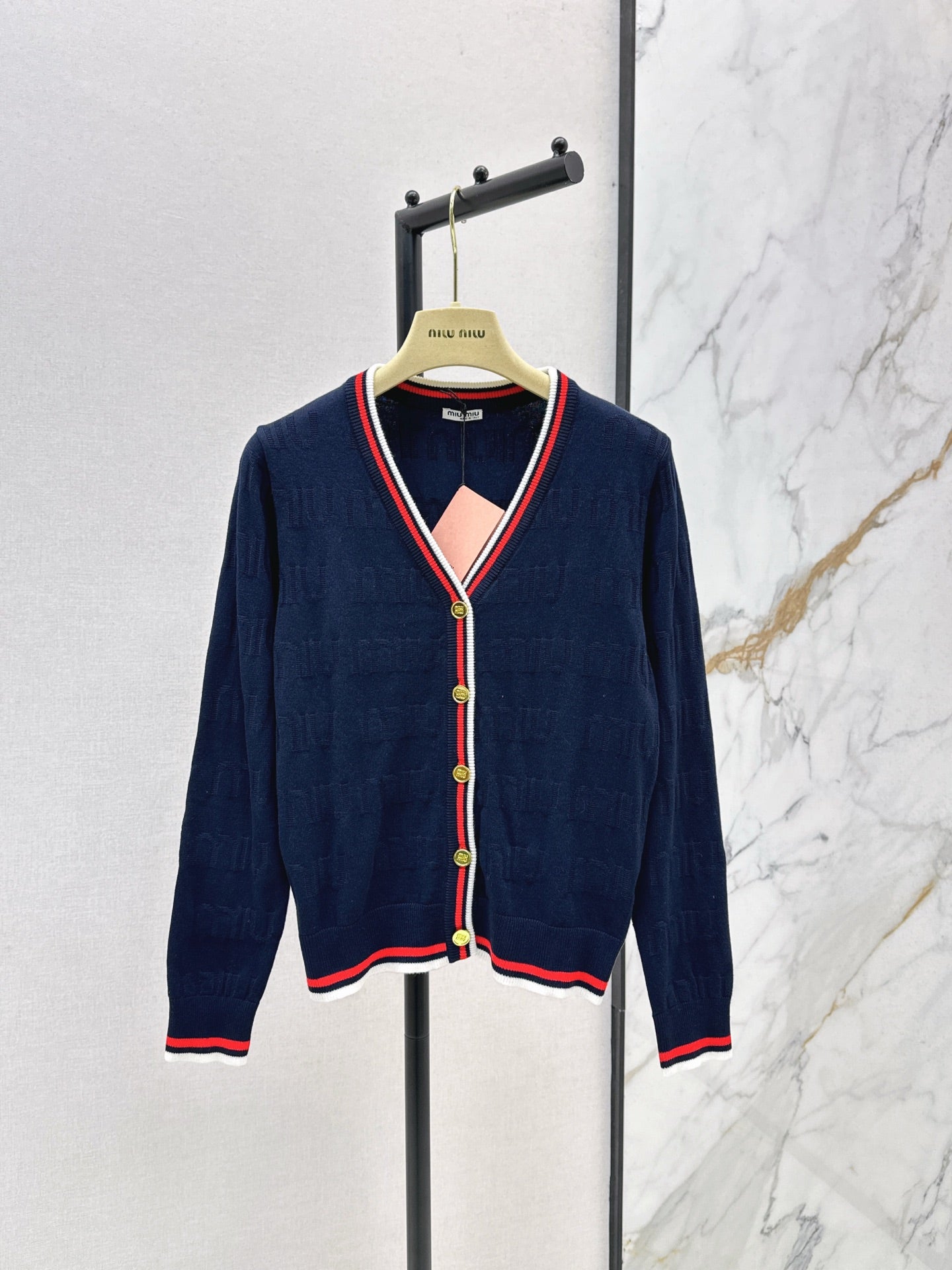 Mi 25 New classic logo lettering woven wool cardigan(WHITE/NAVY)
