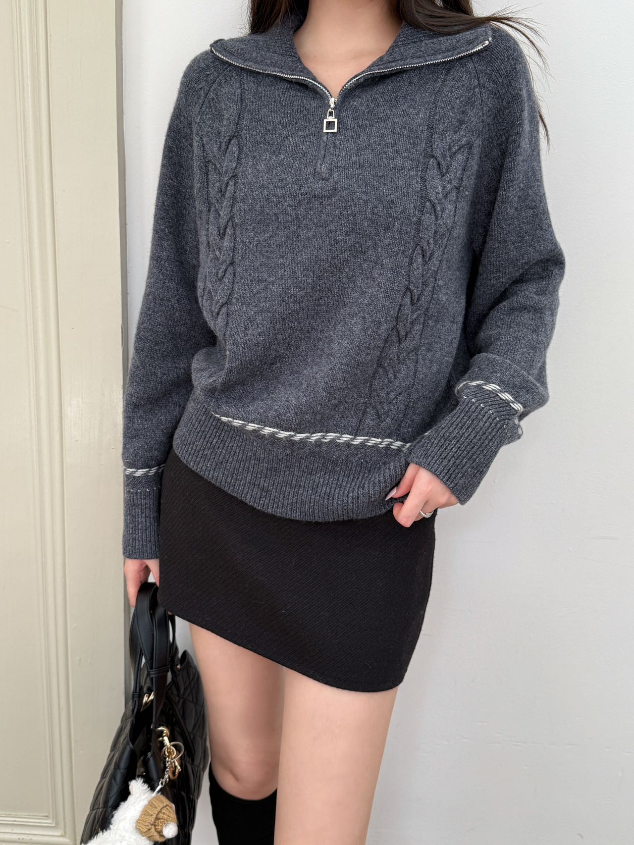 Lor 25 New style cable-knit half-open wool sweater（BEIGI/BORWN/GRAY）