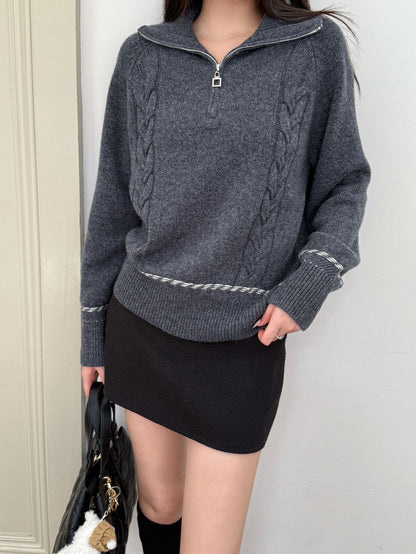 Lor 25 New style cable-knit half-open wool sweater（BEIGI/BORWN/GRAY）