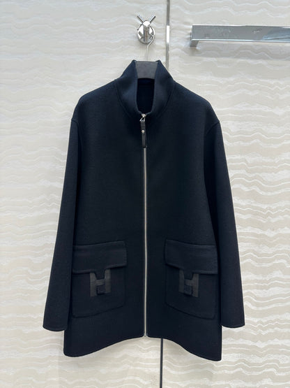 He 25 Double-sided stand-up collar wool and cashmere coat(BEIGI/BLACK)