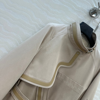 He 25 Leather-trimmed equestrian trench coat(GRAY/BLACK)