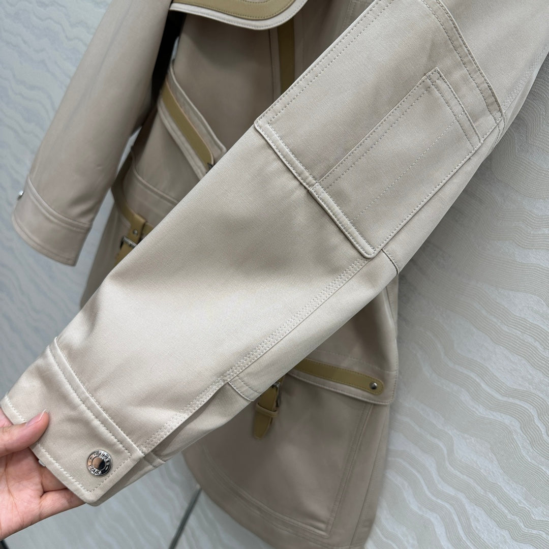 He 25 Leather-trimmed equestrian trench coat(GRAY/BLACK)