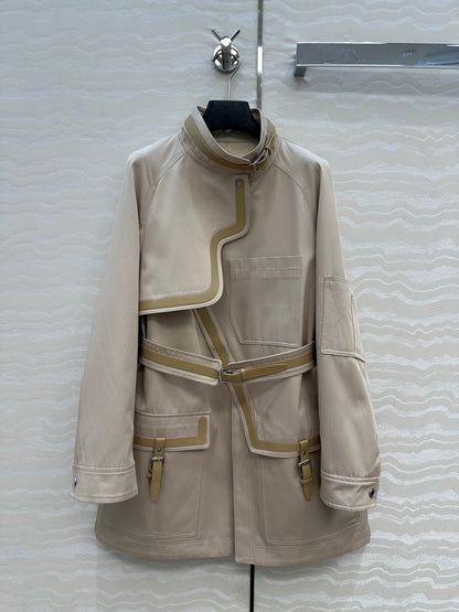 He 25 Leather-trimmed equestrian trench coat(GRAY/BLACK)