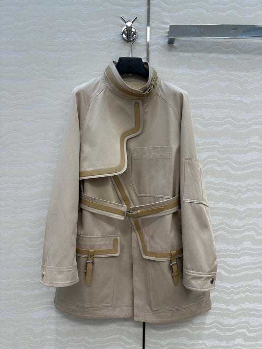 He 25 Leather-trimmed equestrian trench coat(GRAY/BLACK)