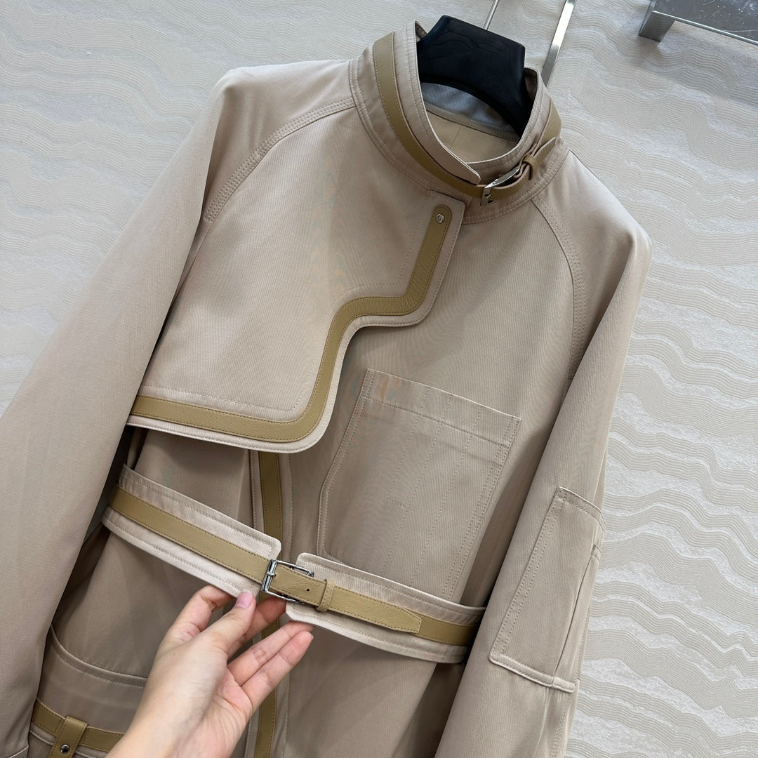 He 25 Leather-trimmed equestrian trench coat(GRAY/BLACK)