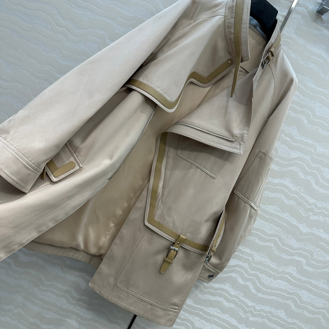 He 25 Leather-trimmed equestrian trench coat(GRAY/BLACK)