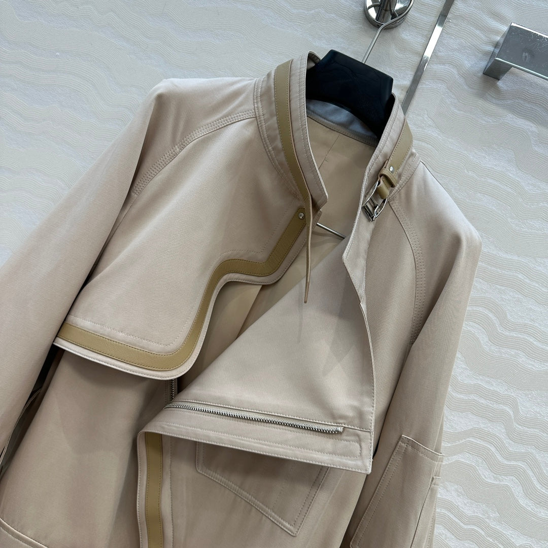 He 25 Leather-trimmed equestrian trench coat(GRAY/BLACK)