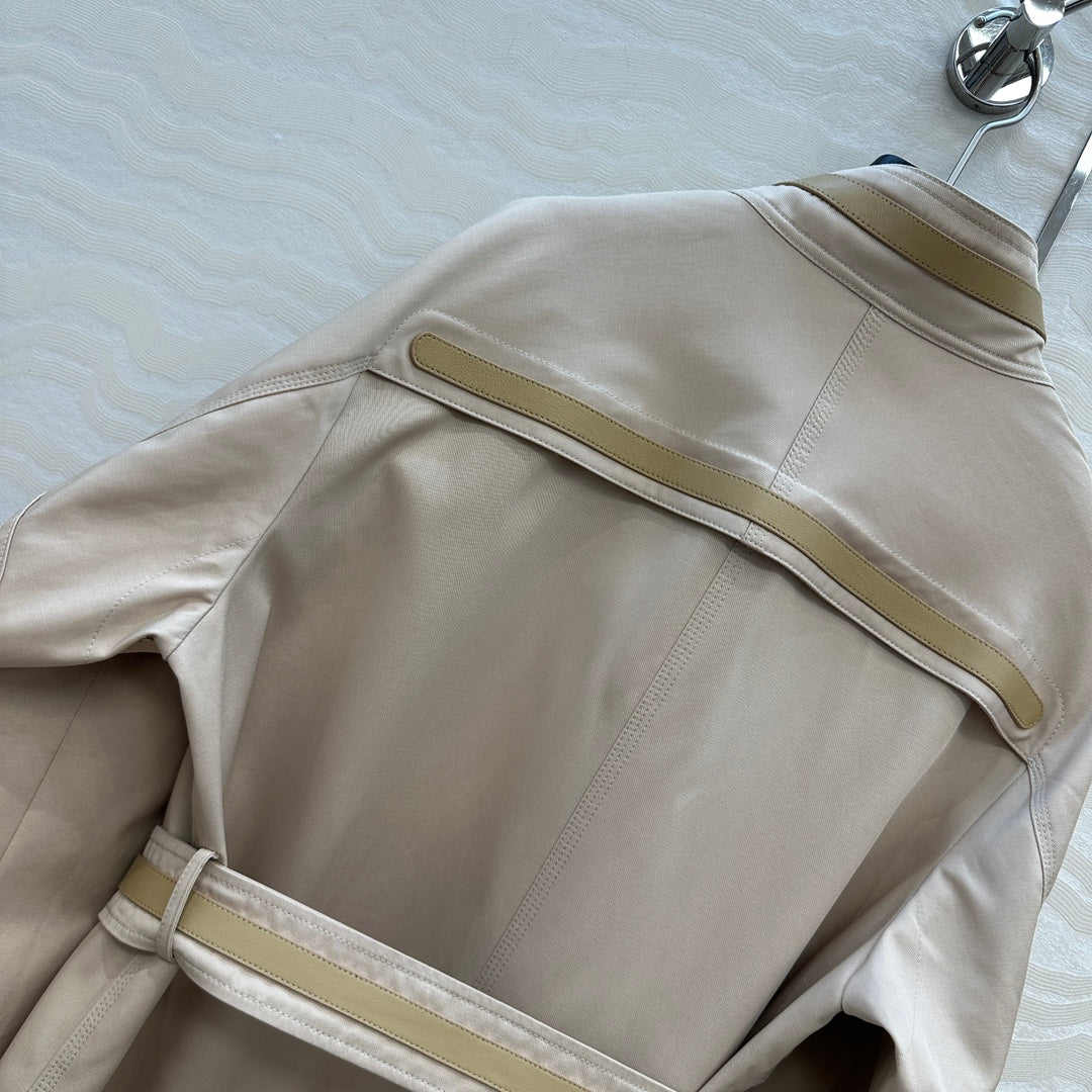 He 25 Leather-trimmed equestrian trench coat(GRAY/BLACK)
