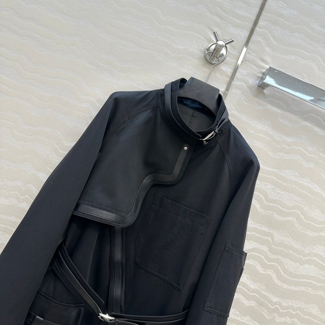 He 25 Leather-trimmed equestrian trench coat(GRAY/BLACK)