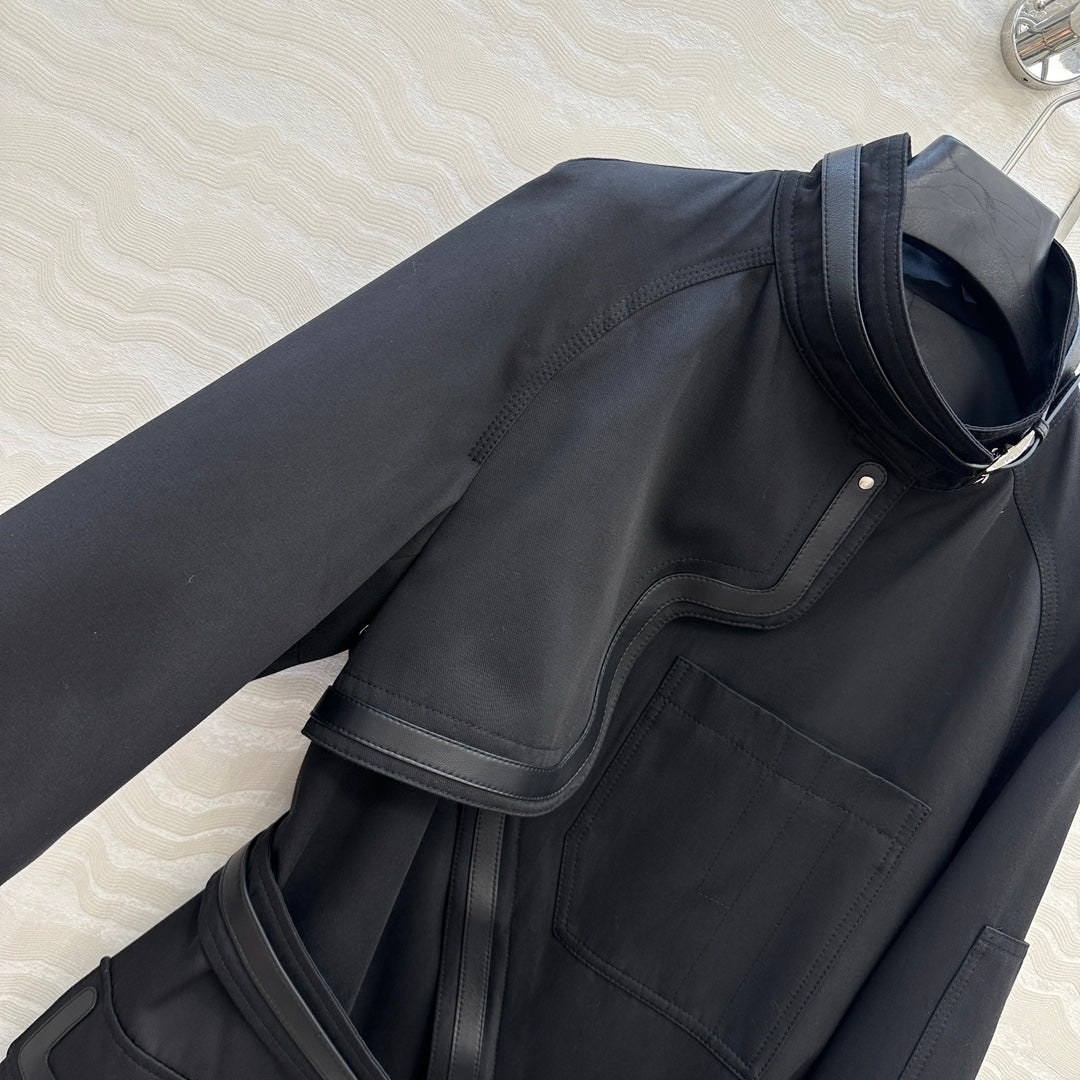 He 25 Leather-trimmed equestrian trench coat(GRAY/BLACK)