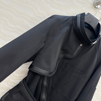 He 25 Leather-trimmed equestrian trench coat(GRAY/BLACK)