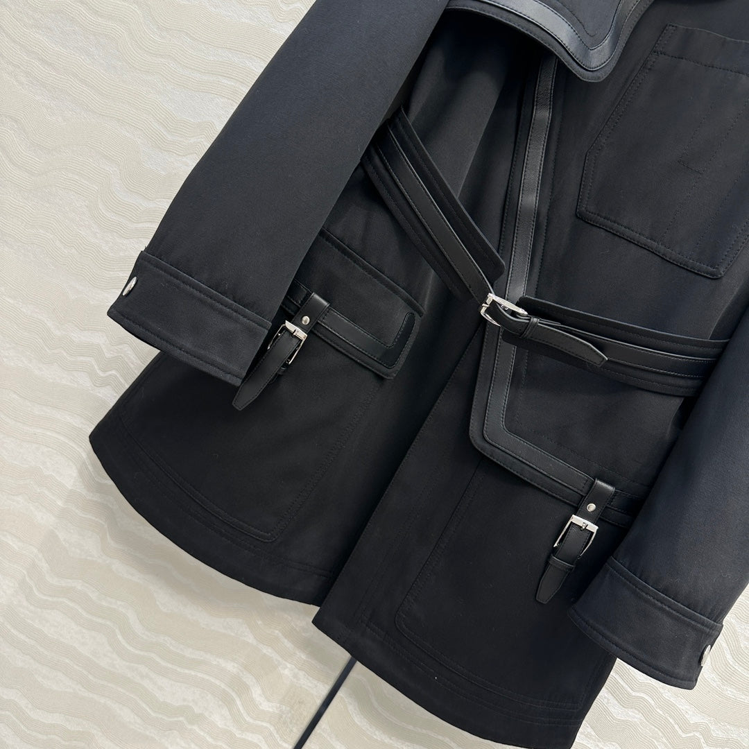 He 25 Leather-trimmed equestrian trench coat(GRAY/BLACK)