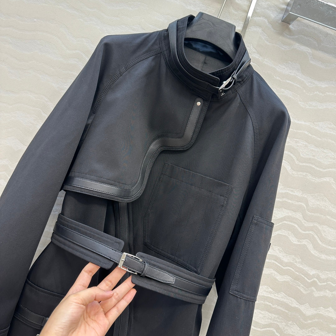 He 25 Leather-trimmed equestrian trench coat(GRAY/BLACK)