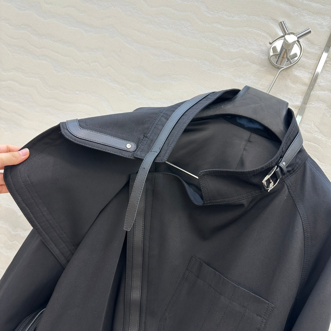 He 25 Leather-trimmed equestrian trench coat(GRAY/BLACK)